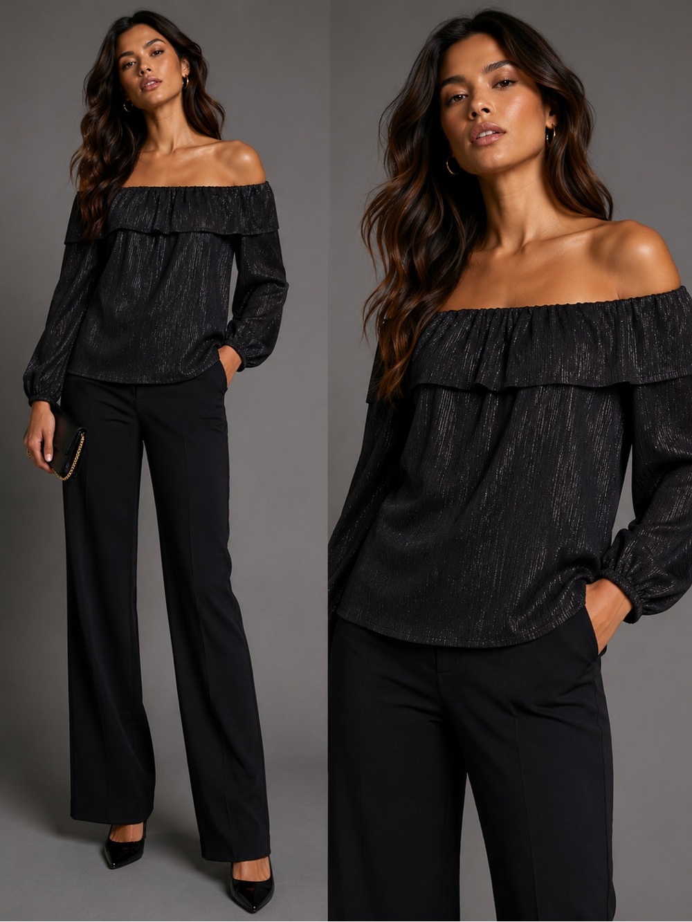 WHBM black textured shimmer chiffon off shoulder top ❤️